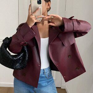 Burgundy Women's Double-Breasted Faux Leather cropped trench jacket coat